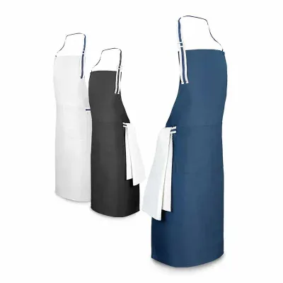 Avental em Algodão e poliéster ajustável personalizado - cores branco, preto e azul com viés 2 cores 