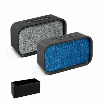 Caixas de som nas cores azul/preto e cinza/preto 