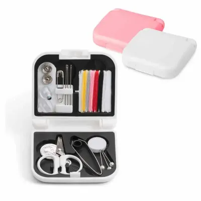 Kit de costura com estojo nas cores rosa e branco