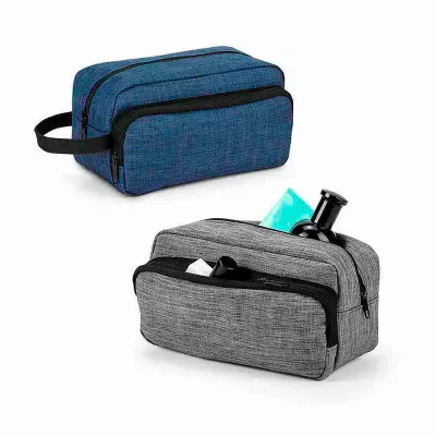 Nécessaire cinza e azul com bolso frontal 