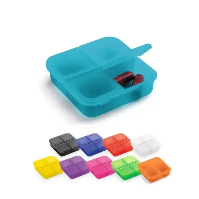 Porta comprimidos com tampa articulada em várias cores 