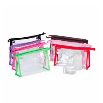 Necessaire plástica transparente com detalhe colorido em nylon.