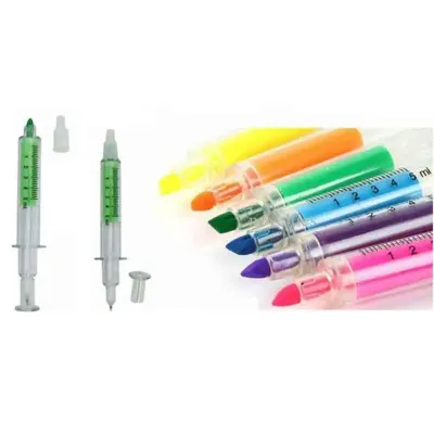 Caneta Formato Seringa, Marca texto nas cores: Amarelo,verde, violeta, pink e azul