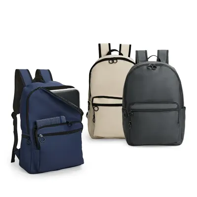 Mochilas em filme sintético tipo couro impermeável com fechamento em zíper