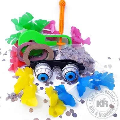 Óculos maluco com olho, confete, 2 serpentinas, reco-reco e colar havaiano