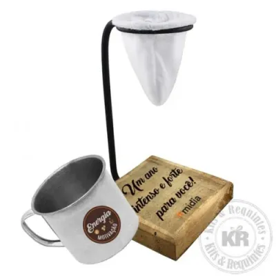 Kit coador de café com base de madeira + caneca
