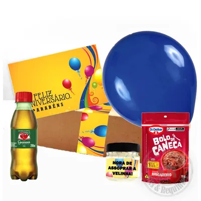 Caixa papelão 25x9x7 cm, contendo mini vela com granulado para parabéns aroma baunilha, 1 guaraná...