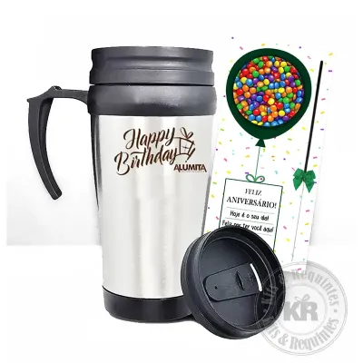Caneca de Alumínio 400 ml personalizada com tampa. Acompanha cartão de aniversário e confeitos de...