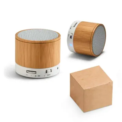 Caixa de som em bambu com função de atender chamadas