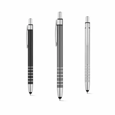 Caneta de metal com ponteira touch e detalhes no corpo da caneta