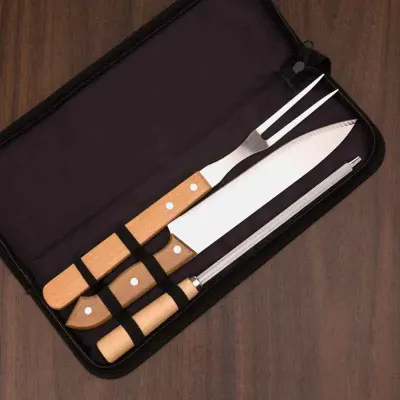 Kit churrasco 3 peças com faca, garfo e chaira