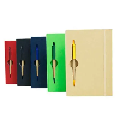 Bloco de anotações com caneta ecológica na cores amarelo, azul, preto, verde e vermelho 