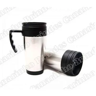 Caneca térmica 400ml em inox com base e alça preta personalizada