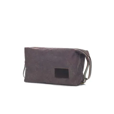 Necessaire em lona e couro com alça de mão 