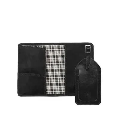 Kit viagem em couro com identificador de bagagem e porta-passaporte