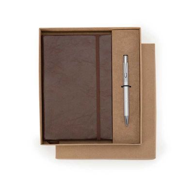 Kit caderneta de couro com caneta e marca página
