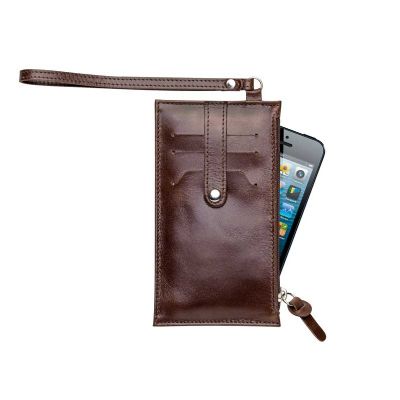 Porta-celular de couro com bolso com fechamento lateral em zíper