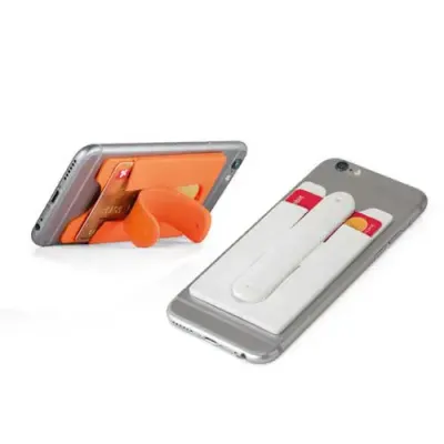 Porta-cartão para celular em silicone com adesivo no verso e suporte para smartphone