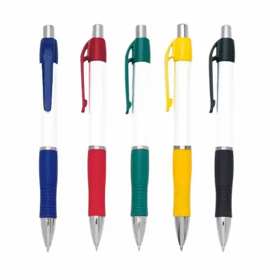 Caneta esferográfica plástica com detalhes em várias cores