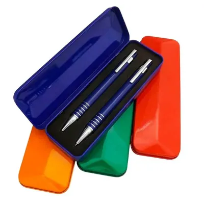 Conjunto de caneta e lapiseira semi-metal com caixa plástica