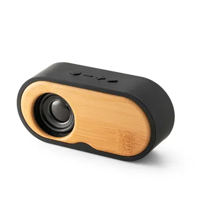Caixa de som portátil em ABS reciclado e bambu