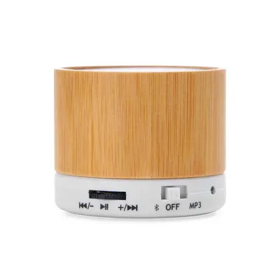 Caixa de som multimídia com Bluetooth e rádio FM. Material plástico com acabamento em bambu - detalhe branco