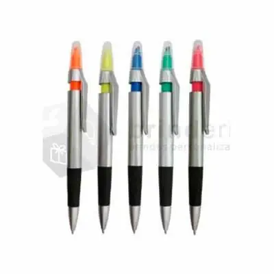 Caneta prata com marca texto e emborrachado preto