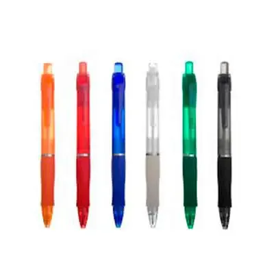 Caneta plástica translúcida colorida com detalhe emborrachado