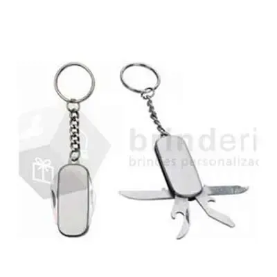 Chaveiro canivete com 4 funções, material de metal.