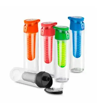Garrafa plástica 750 ml com infusor de frutas, tampa e alça, plástico utilizado AS (estireno de a...