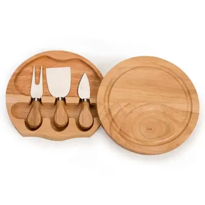 Kit queijo 3 peças com tábua de madeira, possui detalhe circular em relevo na parte superior e pa...