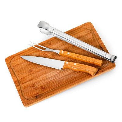 Kit churrasco 4 peças em bambu e inox com tábua retangular