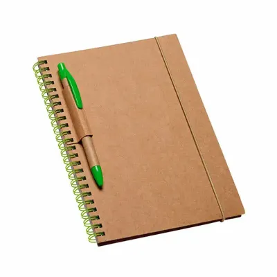 Caderno capa dura com porta caneta e detalhes verdes