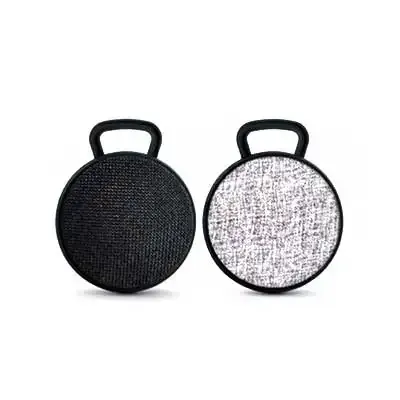 Caixinhas de som bluetooth em ABS e tecido poliéster com gancho emborrachado