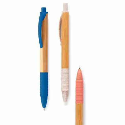 Caneta em bambu com elementos em fibra de trigo e ABS em várias cores