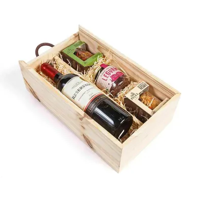 Kit vinho com aperitivos gourmet na caixa de madeira