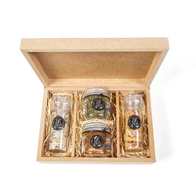 Kit com 2 temperos especiais gourmet e 2 moedores em caixa de madeira 