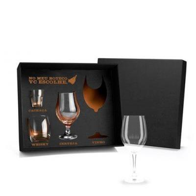 01 Taça de Vinho 01 Taça de Cerveja 01 Copo de Whisky 01 Copo de Cachaça Caixa Kraft Preta Gravaç...