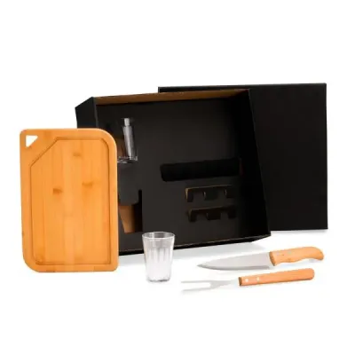 Composto por tábua em Bambu 01 faca 7“ e garfo em Madeira/Inox 01 saleiro em Bambu e ramekin em p...