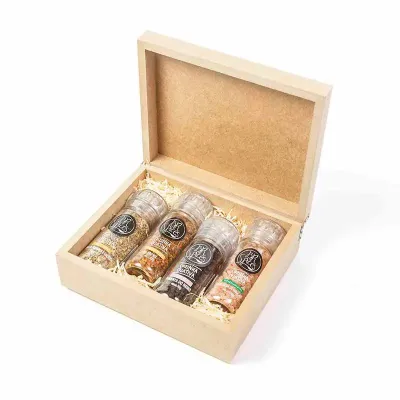 Tempero gourmet com moedor em caixa de madeira