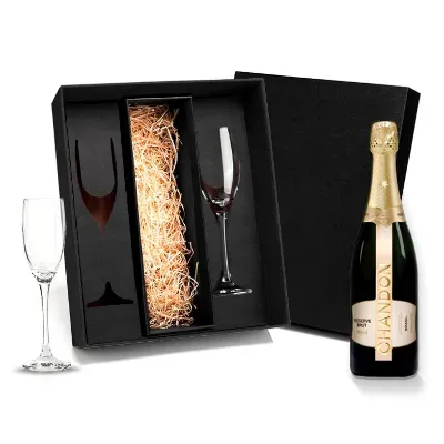 Kit espumante com duas taças de vidro