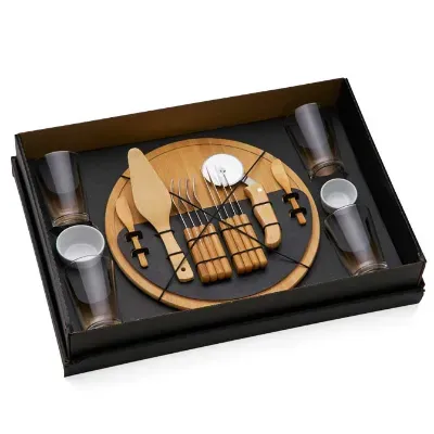 Kit Pizza Em Bambu Com Copos