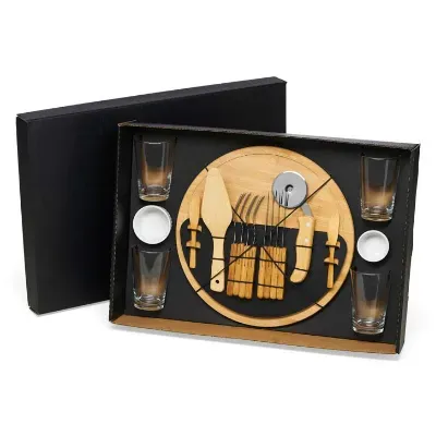 Kit Pizza Em Bambu Com Copos - 19 Peças
