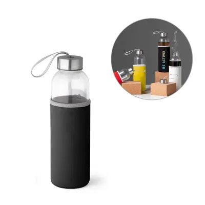 Garrafa em vidro e aço inox com alça na tampa