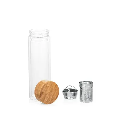 Garrafa em vidro de borossilicato com parede dupla e tampa em bambu 