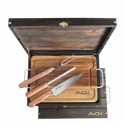 Kit churrasco 04 peças em estojo de madeira envelhecida