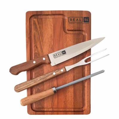 Kit churrasco tábua, faca, garfo e chaira