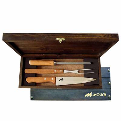 Kit churrasco 04 peças em estojo de madeira envelhecida