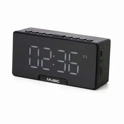 Caixa de som preta retangular com relógio despertador e multimídia