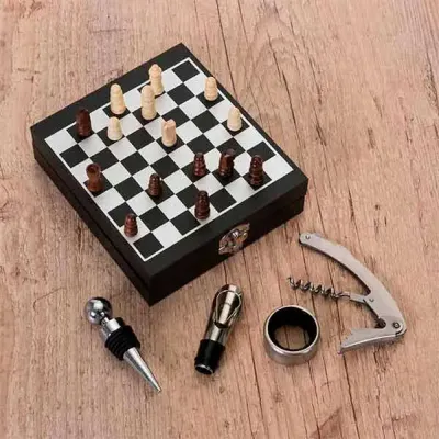 Kit vinho com 4 peças em caixa tabuleiro de xadrez